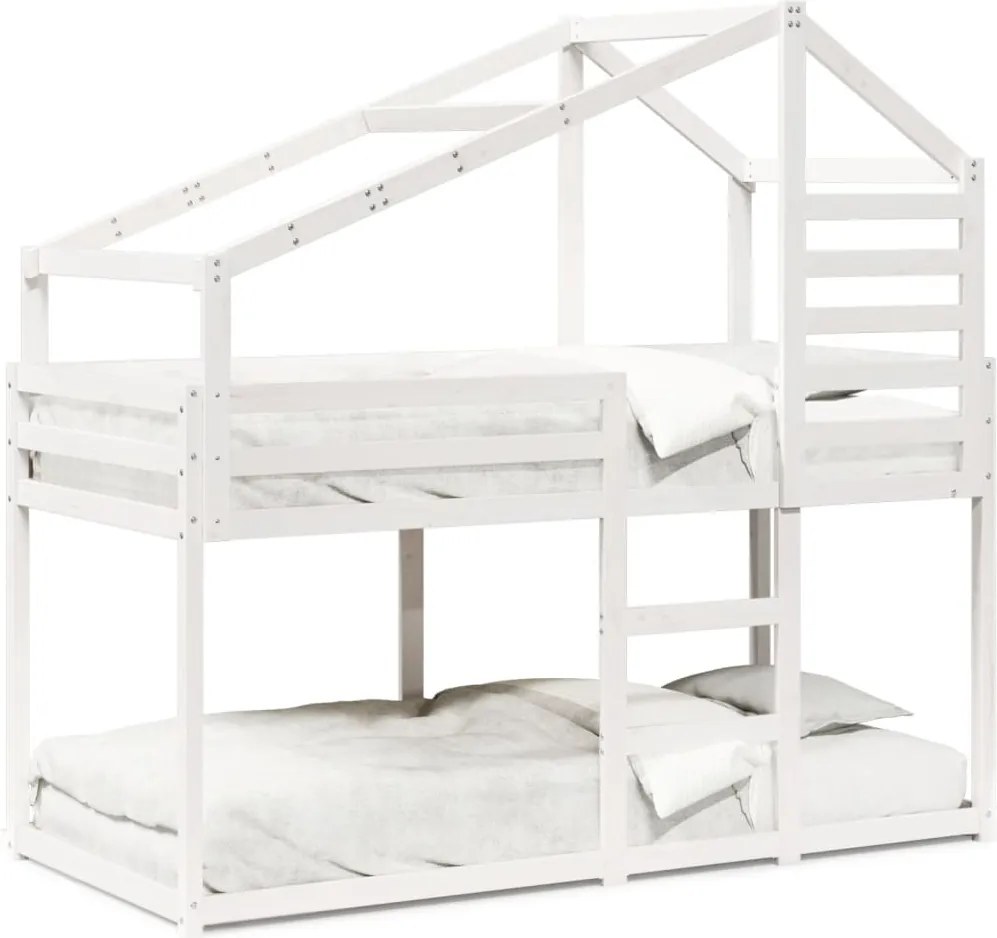 vidaXL Pat supraetajat cu acoperiș, alb, 75x190 cm, lemn masiv de pin