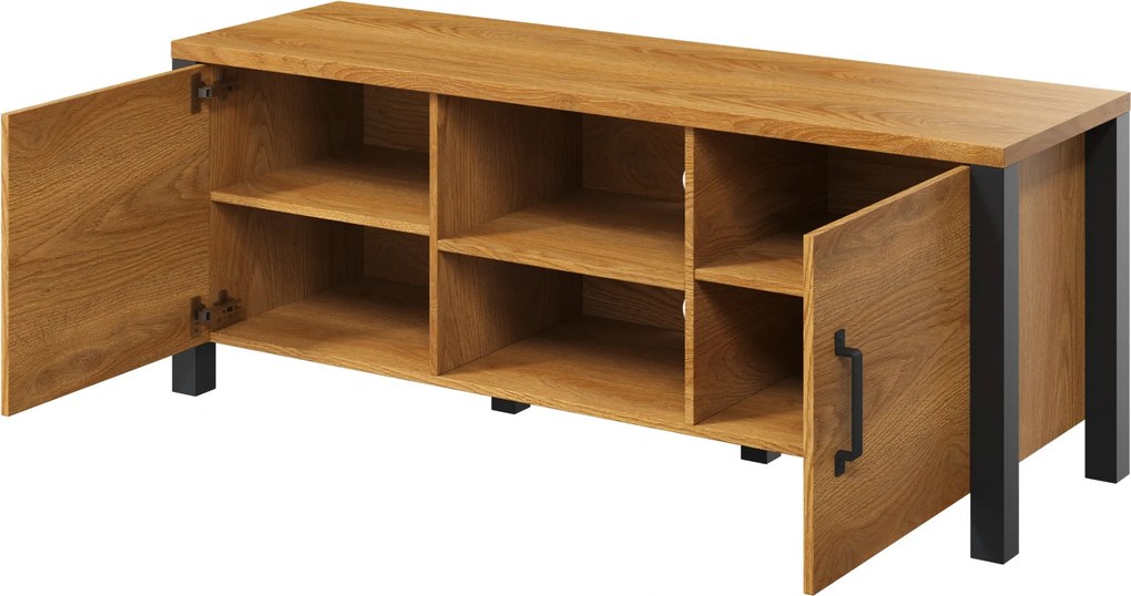 Comodă TV Olin 41 147 cm cu nișe - stejar caramel / negru supermat