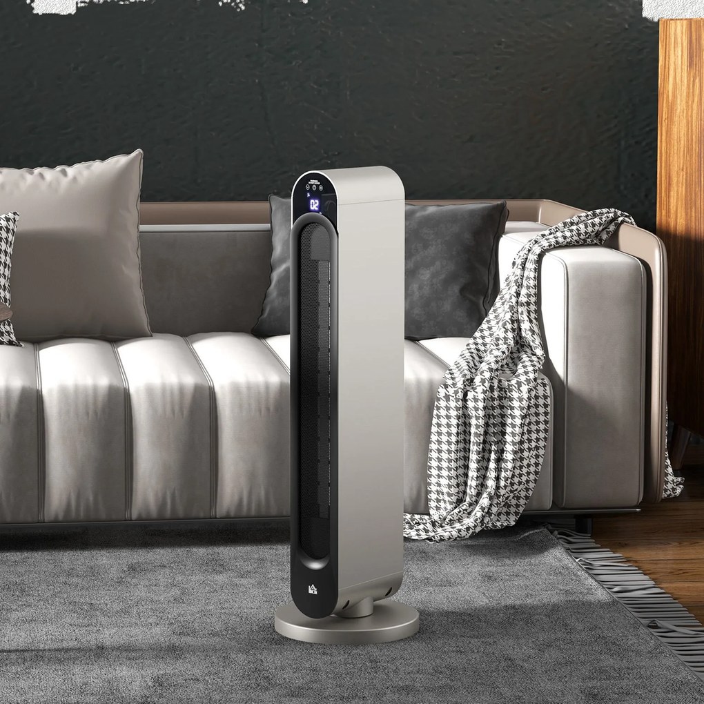 HOMCOM Incalzitor Electric Oscilant cu 3 Moduri de Incalzire, cu ventilator, Temperatura Reglabila, Telecomanda Ø25x73.5 cm, Argintiu | Aosom Romania