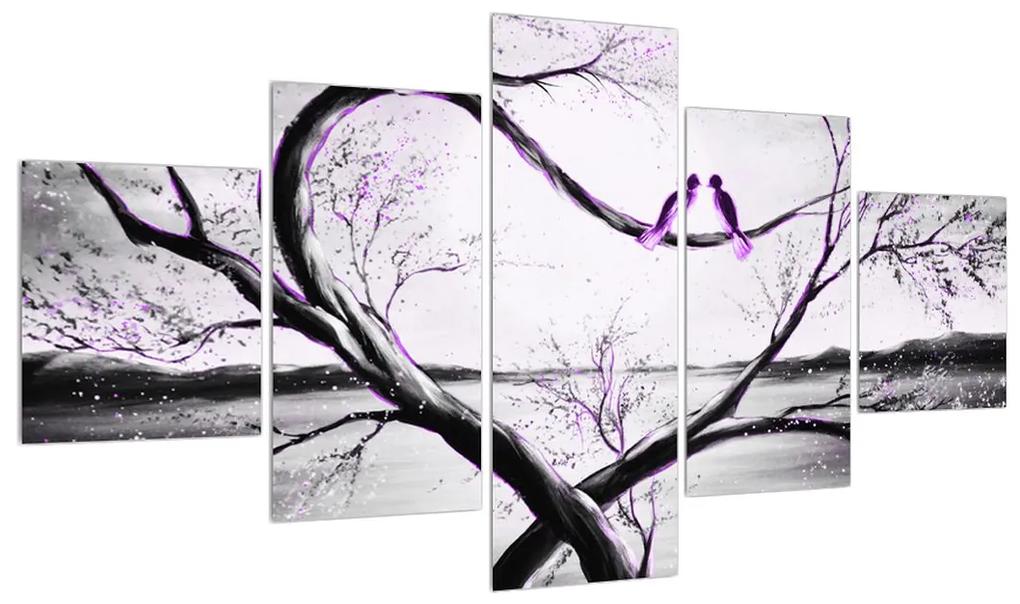 Tablou cu două păsări violete în copac (125x70 cm), în 40 de alte dimensiuni noi