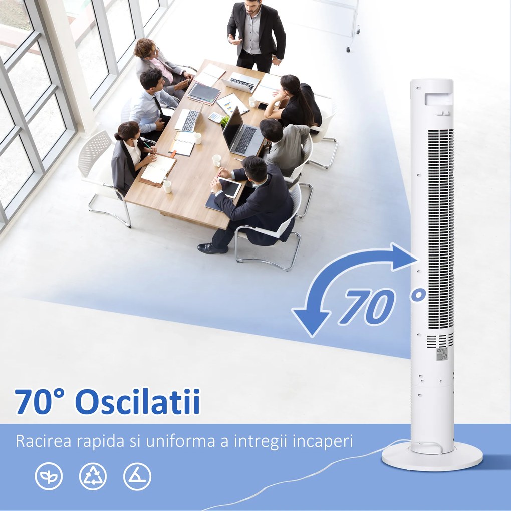HOMCOM Ventilator de Turn cu Panou LED, 3 Viteze, 4 Moduri, 45W, Telecomandă, Alb | Aosom Romania