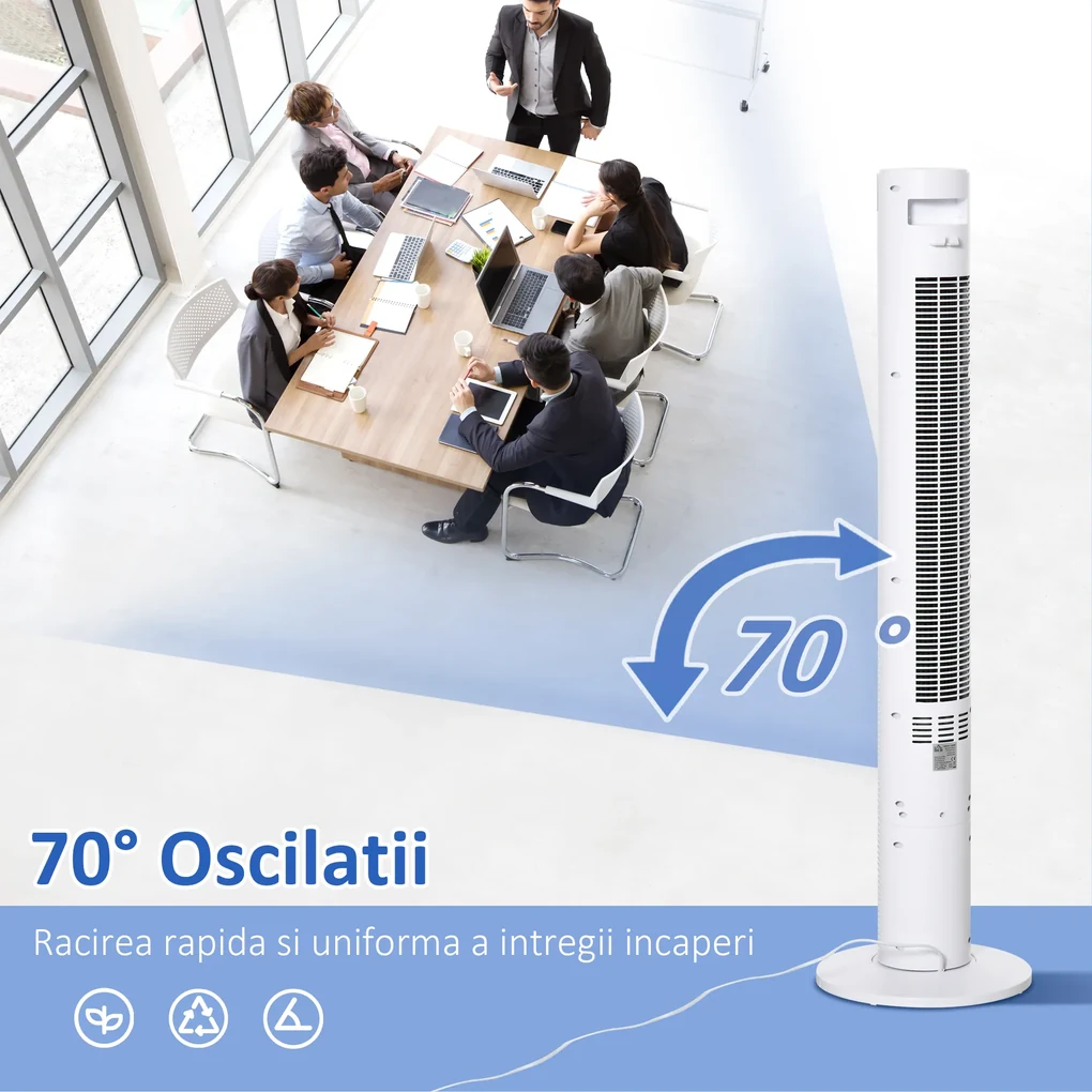 HOMCOM Ventilator de Turn cu Panou LED, 3 Viteze, 4 Moduri, 45W, Telecomandă, Alb | Aosom Romania