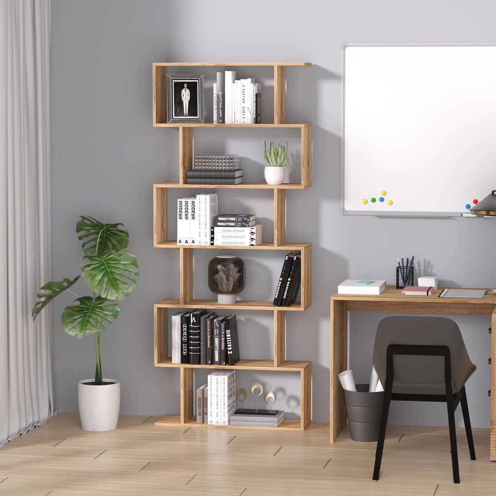 HOMCOM Bibliotecă raft zig zag Design Contemporan 80L x 23l x 192H cm 6 Niveluri Culori lemn de stejar deschis | Aosom Romania