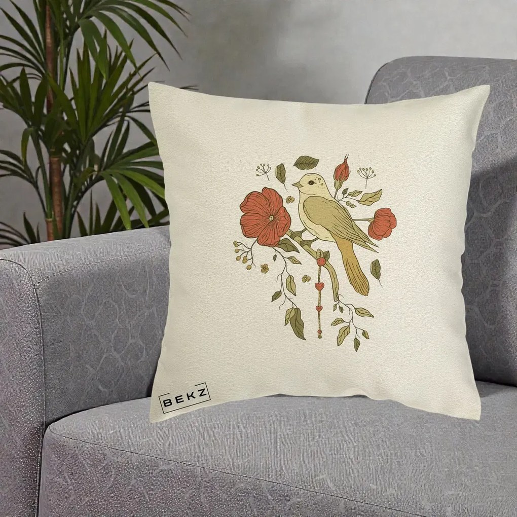 Perna Decorativa Pasare pe Ramura cu Maci, 40x40 cm, Ecru, Husa Detasabila, Perna Inclusa, BEKZ®