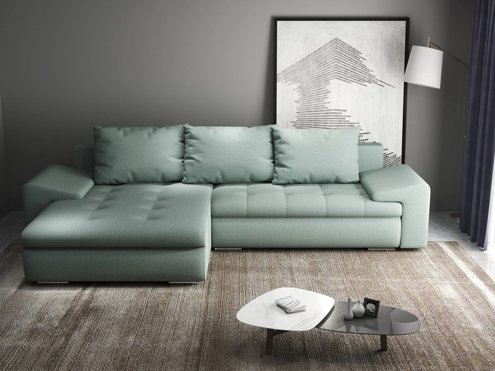 Colțar extensibil dumonde cu ladă de depozitare si sezut confortabil din spuma high-density, Leonardo Enjoy Mint 260x185 cm