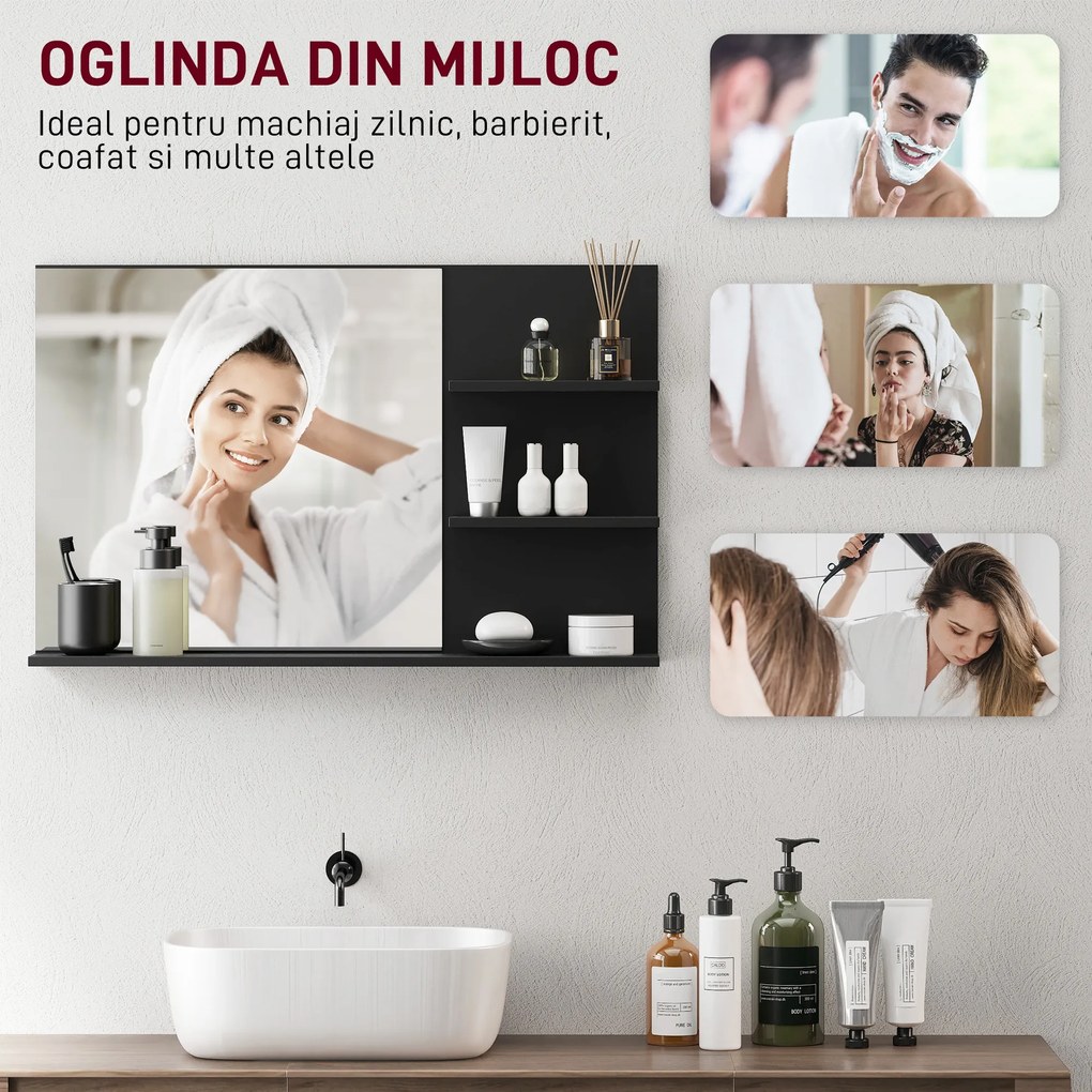 kleankin Oglindă de Baie cu 2 Rafturi Laterale și Raft Inferior Negru | Aosom Romania