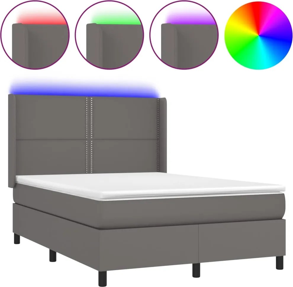 vidaXL Pat cu arcuri, saltea și LED, gri, 140x200 cm, piele eco