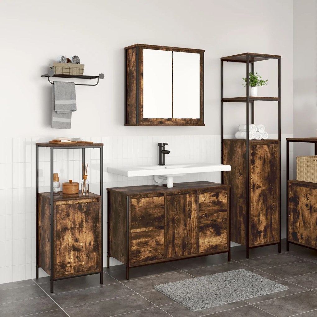 vidaXL Set Mobilier Baie din Lemn Ingineresc Stejar Fumuriu - 3 Piese