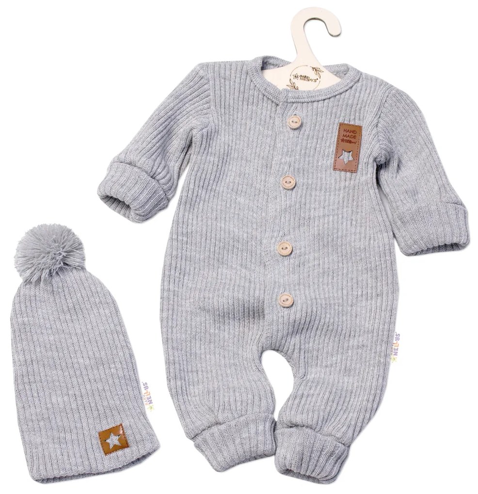 Baby Nellys 2-dílná a stabilit Tricotat în general STEA + capac Fabricat manual, gri 56-62 (0-3 m)