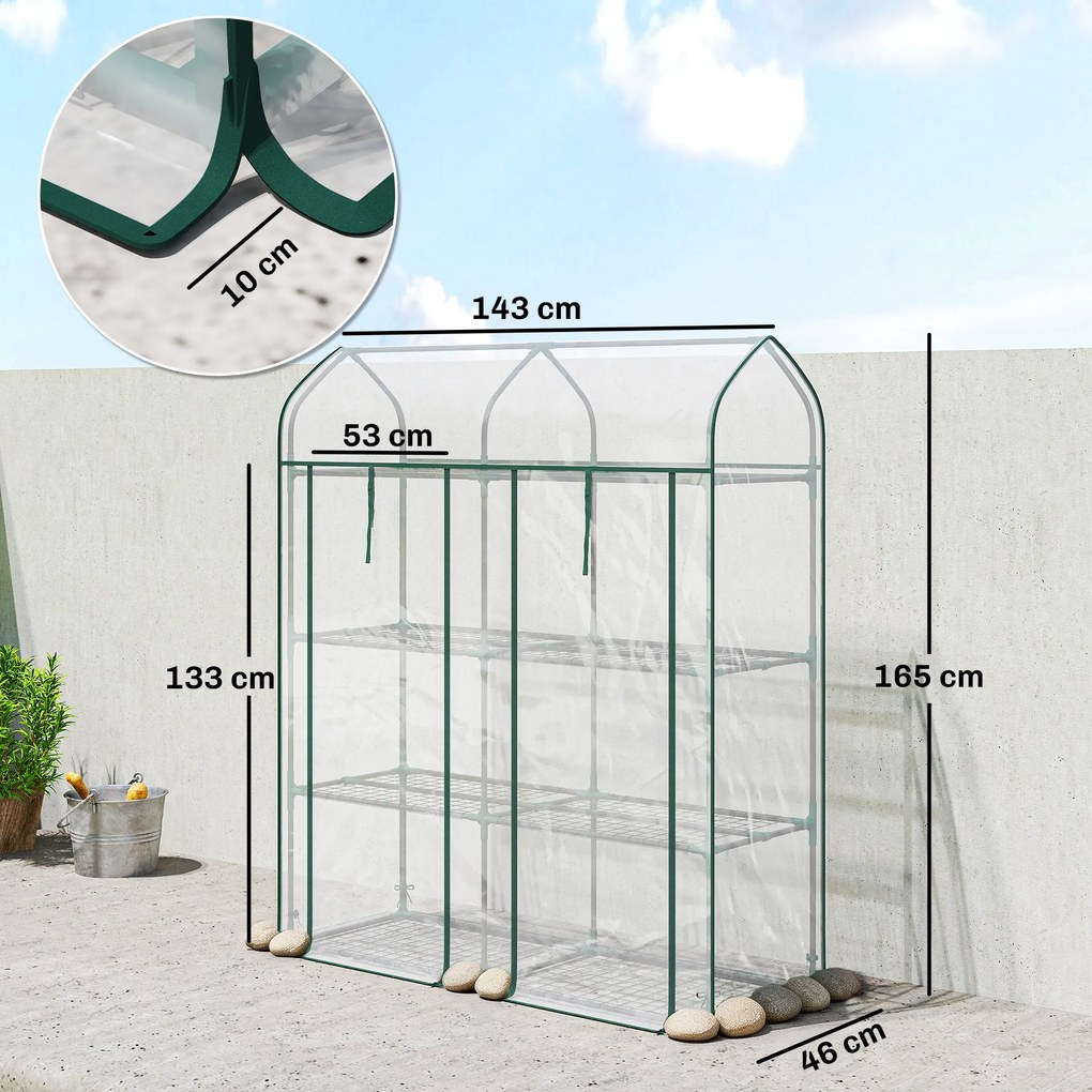 Outsunny Seră pentru Balcon cu 3 Rafturi și 2 Uși Rulabile, Cadru din Oțel și Husă PVC, 143x46x165 cm, Transparentă | Aosom Romania