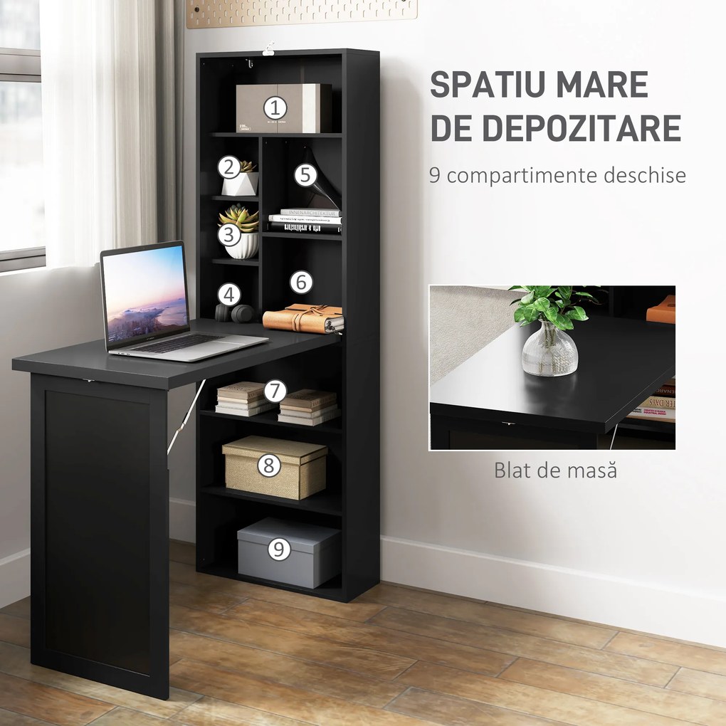 HOMCOM Birou Modern Pliabil cu Bibliotecă și Tablă, din Lemn și Metal, 98x51x153 cm, Negru | Aosom Romania