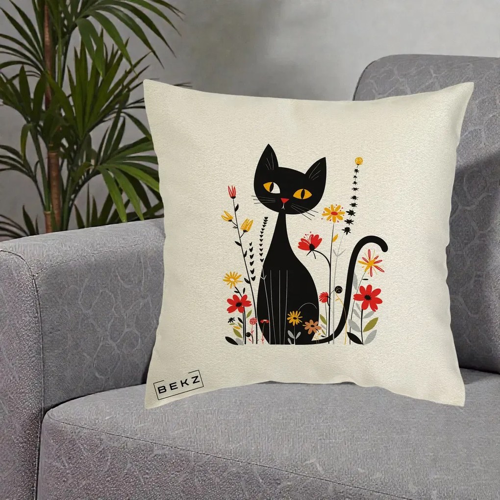 Perna Decorativa Pisica Neagra Ochi Galbeni Flori, 40x40 cm, Ecru, Husa Detasabila, Perna Inclusa, BEKZ®