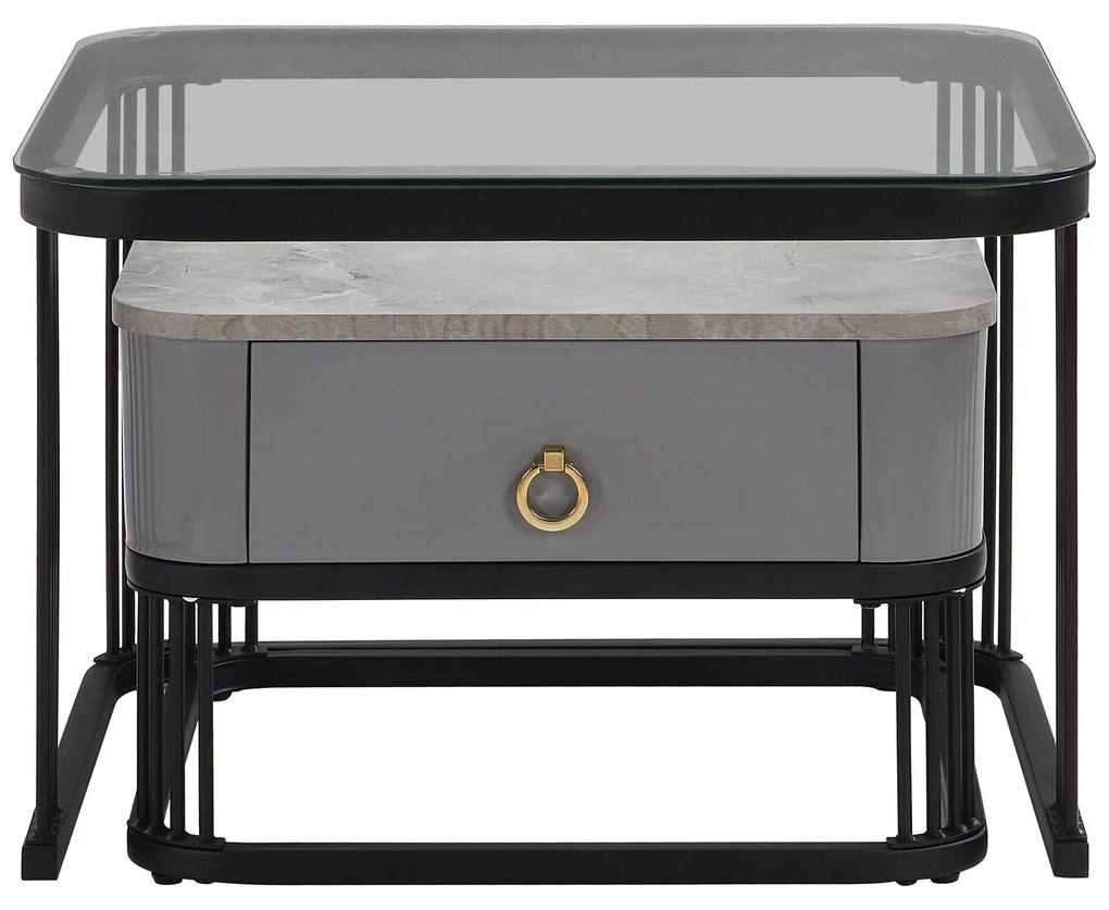Set de 2 Măsuțe de Cafea Suprapozabile cu Blat din Marmură Lucioasă și Sticlă, Structură din Metal și Sertare, 60x60x42 cm + 50x50x34 cm, Negru