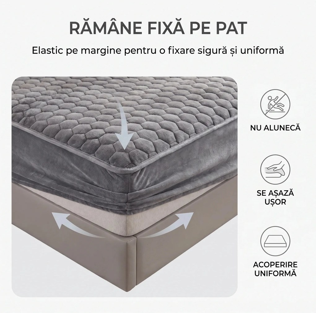 Set lenjerie de pat plusata, husa cu elastic si 2 fete de perna, Gri