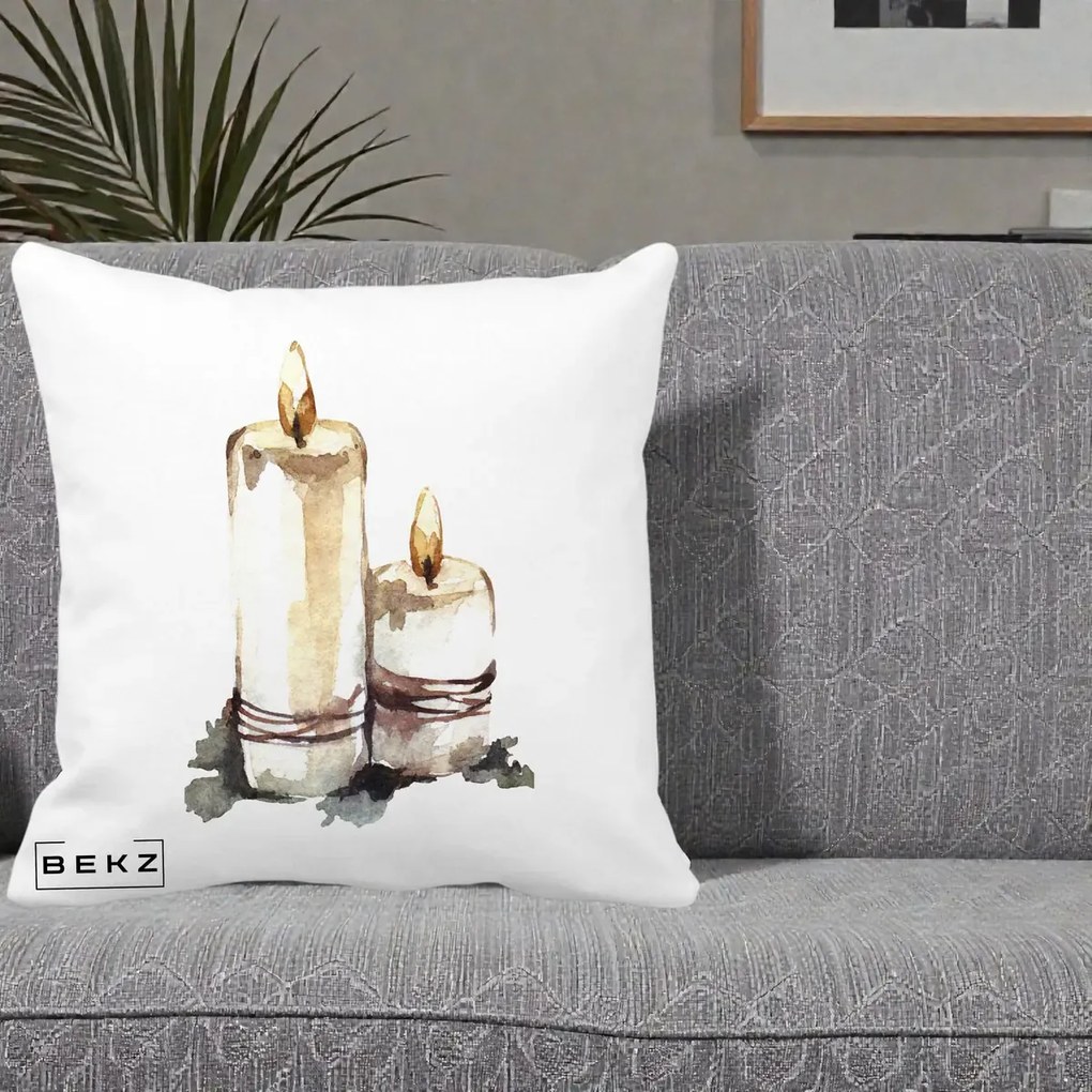 Perna Decorativa Lumanari Acuarela Iarna, 40x40 cm, Alba Mata, Husa Detasabila, Perna Inclusa, BEKZ®