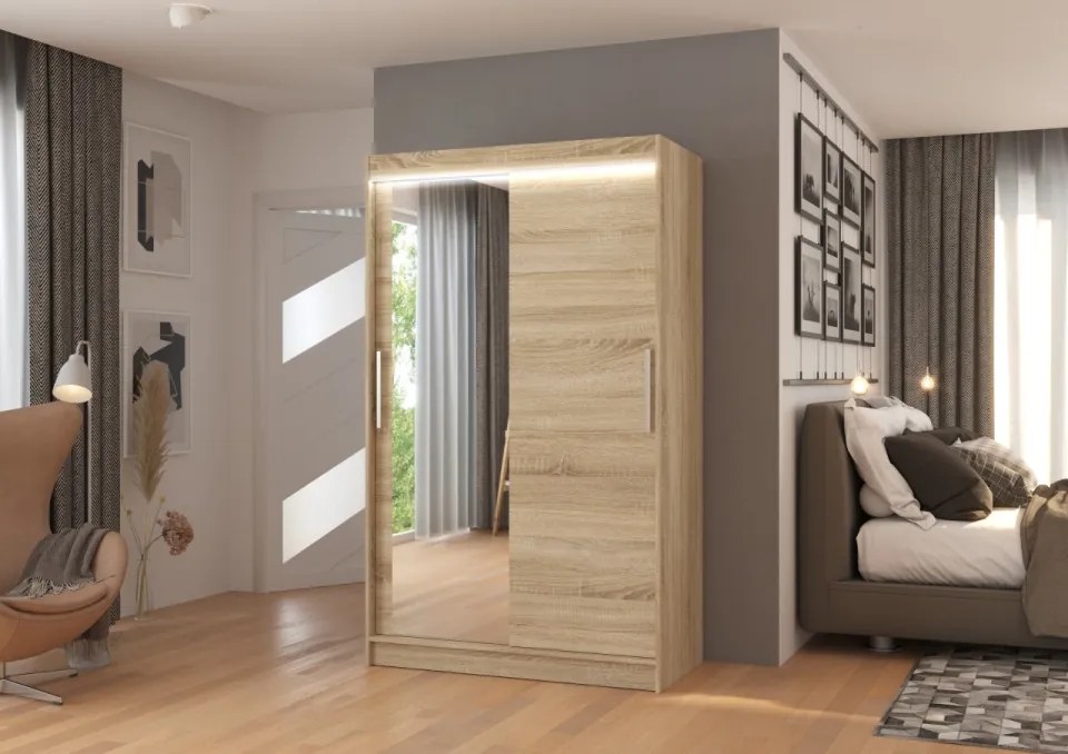 Dulap cu usi glisante si oglinda + iluminare LED, Bario 120 + LED, 120 cmx200 cmx58 cm, ADRK Furniture (Culoare: Sonoma)