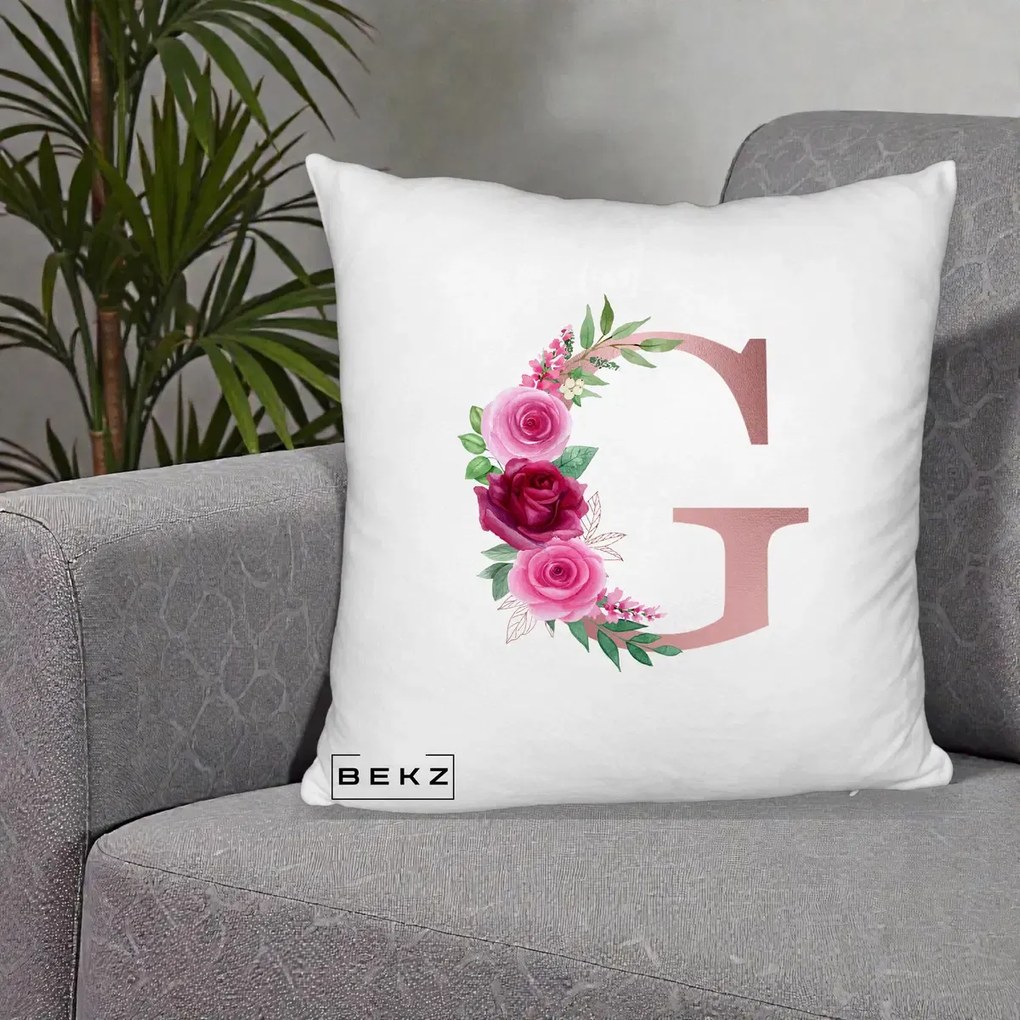 Cadou Personalizat - Perna Personalizata Monograma Rose Gold Litera G, 40x40 cm, Alb Pufos, Husa Detasabila, Perna Inclusa, BEKZ®