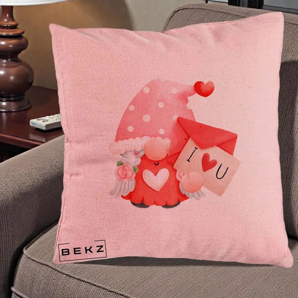 Cadou Romantic - Perna Personalizata I Love You Gnome Valentine cu Scrisoare, 40x40 cm, Roz, Husa Detasabila, Perna Inclusa, BEKZ®