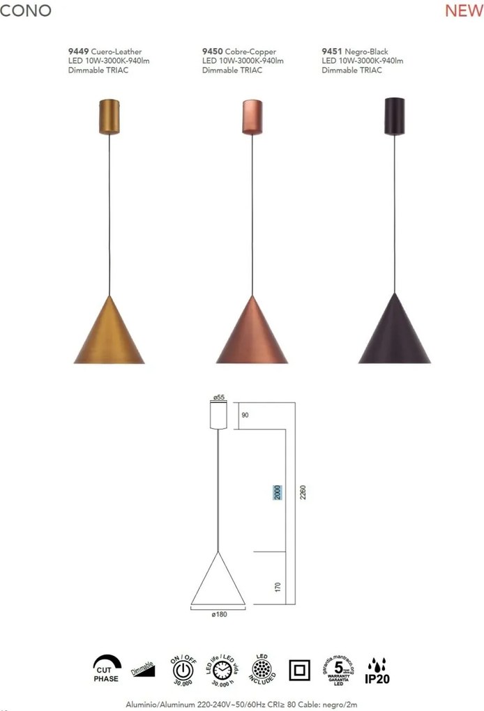 Pendul LED stil minimalist CONO D-18cm cupru