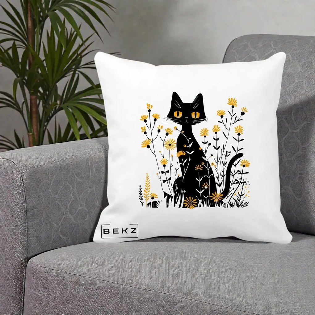Perna Decorativa Pisica Neagra Ochi Galbeni Flori Galbene, 40x40 cm, Alba Mata, Husa Detasabila, Perna Inclusa, BEKZ®