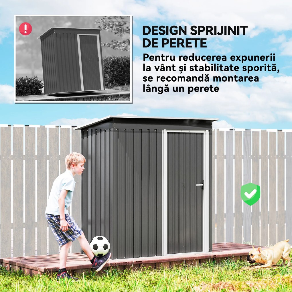 Outsunny Adăpost Unelte cu Acoperiș Înclinat și Ușă Glisantă, din Oțel și PP, 163x89x182 cm, Gri Deschis | Aosom Romania