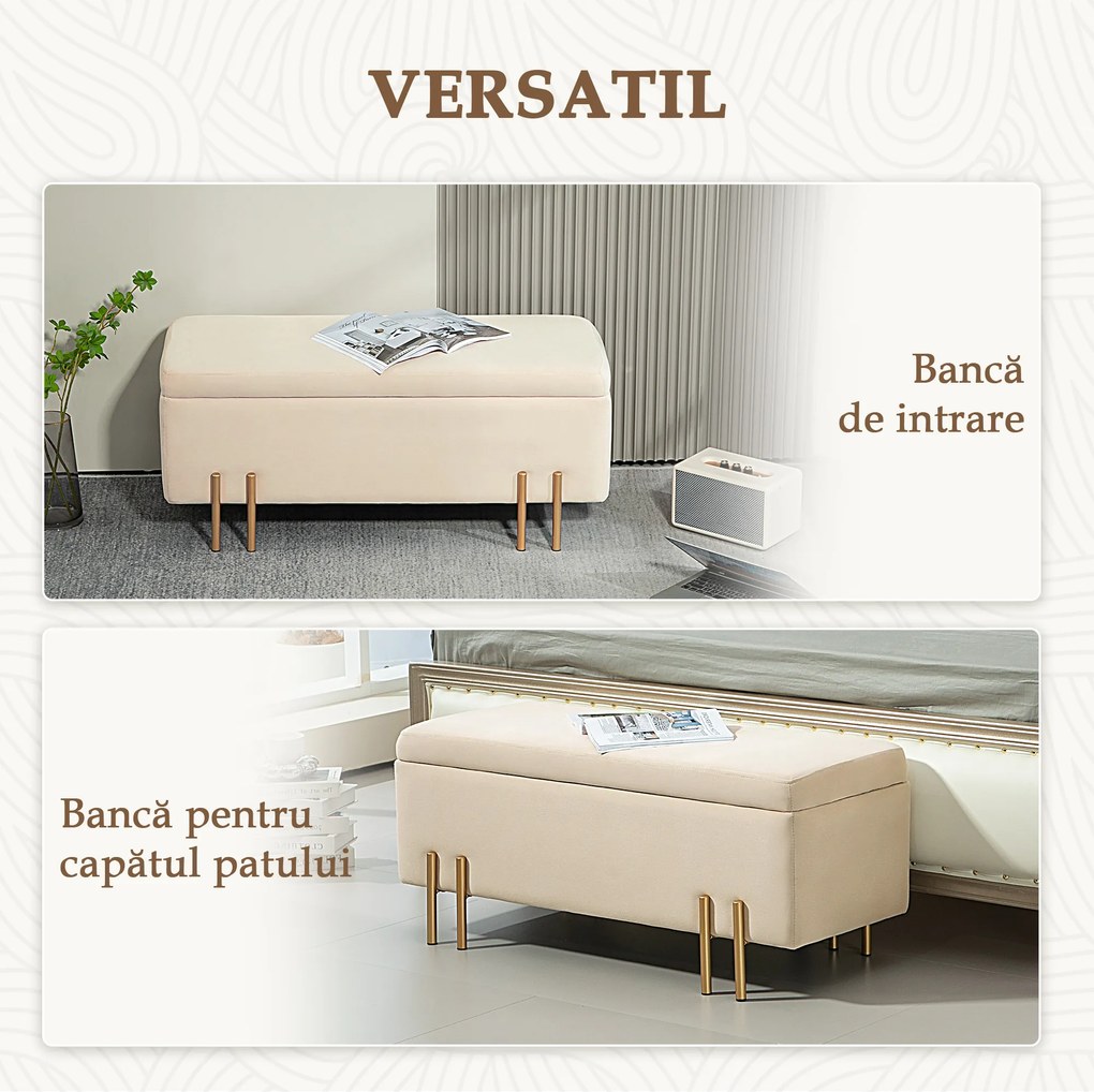 HOMCOM Bancă de Depozitare cu Șezut Tapițat și Picioare Lăcuite Aurii, 100x40x42 cm, Gri | Aosom Romania