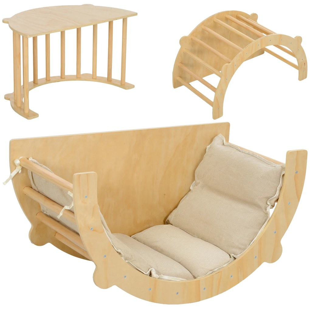 AIYAPLAY 3 în 1 Arca de escaladă, balansoar și masă de joc cu perne, din lemn natural, pentru copii de 18 la 48 de luni | Aosom Romania