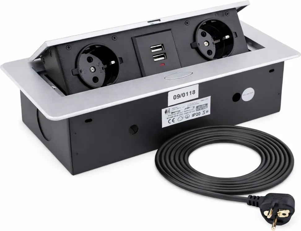 Priză încorporabilă în blat Kombibox Design Light, 2 prize Schuko, 2 USB, aluminiu, 266 x 133 cm Metal, Aluminiu, L:266 mm; l:133 mm