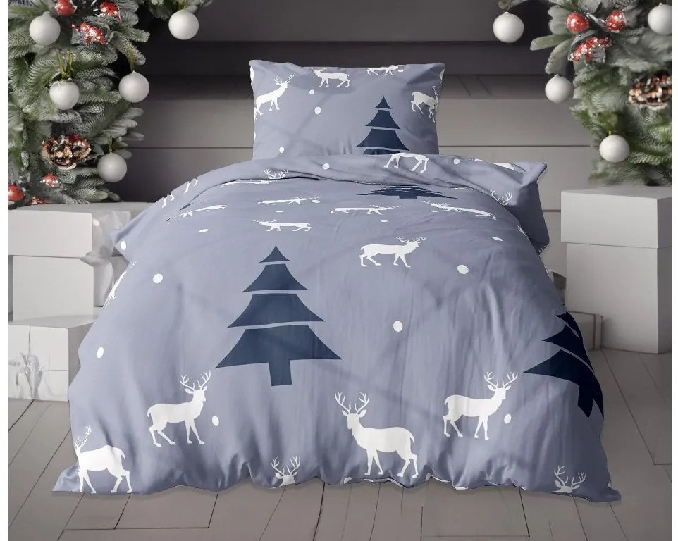 Lenjerie de pat flanel DEER AND TREE gri + cearceaf microplus SOFT 90x200 cm alb