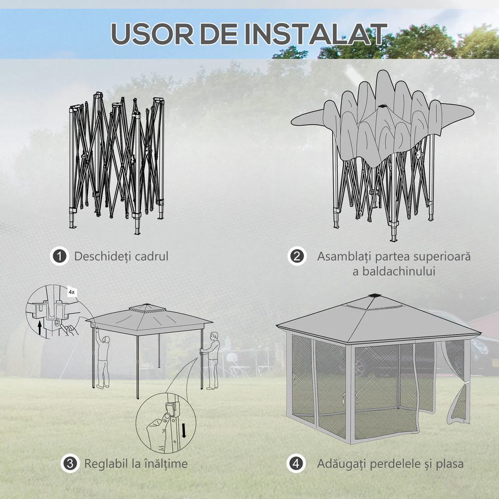 Outsunny Foisor tip pop-up 3 x 3(m),20 lumini LED alimentate de la soare,geanta cu roti, 4 saci de greutate, inaltime reglabila, Gri | Aosom Romania