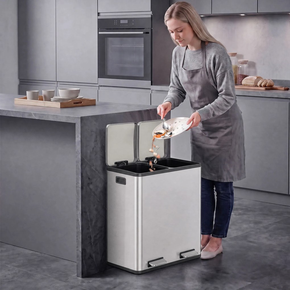 HOMCOM Coș de gunoi pentru bucătărie 2 x 30 L, cu pedală, din oțel inoxidabil, cu recipiente detașabile și închidere lentă, argintiu | Aosom Romania