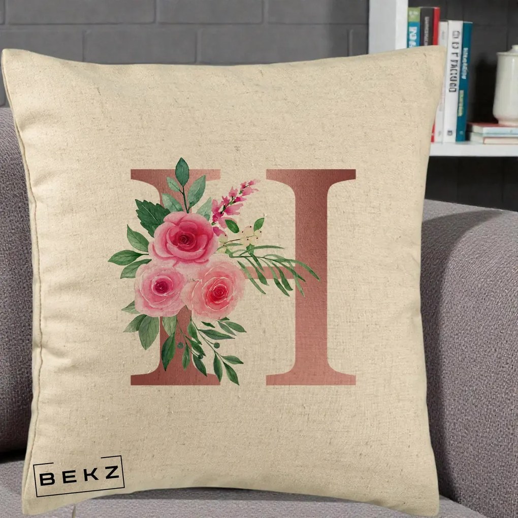 Cadou Personalizat - Perna Personalizata Monograma Rose Gold Litera H, 40x40 cm, Bej, Husa Detasabila, Perna Inclusa, BEKZ®