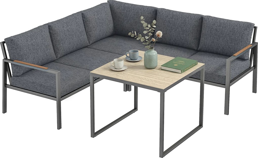 Outsunny Set Mobilier de Grădină Exterior 3 Piese 5 Persoane, 2 Canapele cu Perne Groase, 1 Masă de Cafea, 183x183x72cm, Gri Închis | Aosom Romania