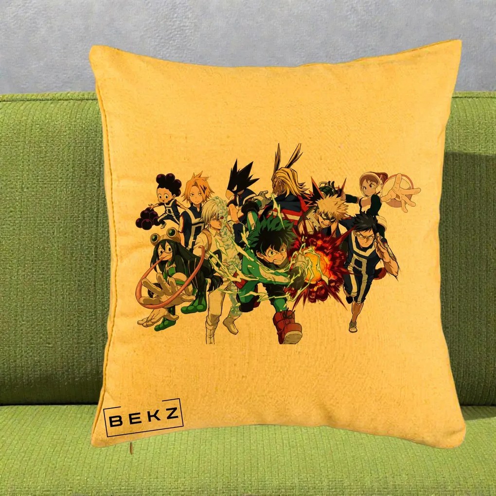 Perna Personalizata My Hero Academia Clasa 1-A Complet, 40x40 cm, Galben, Husa Detasabila, Perna Inclusa, BEKZ®