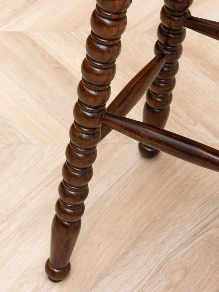 Scaun de bar din lemn de mango cu picioare sculptate, finisaj maro antichizat lucios, 66×36 cm, „Bolia"