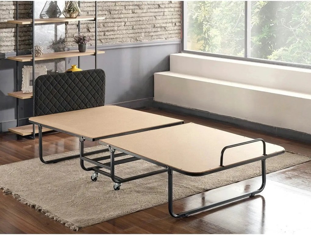 Pat pliabil XL Katlanir 90x200, stejar/negru, placaj/metal, cu saltea
