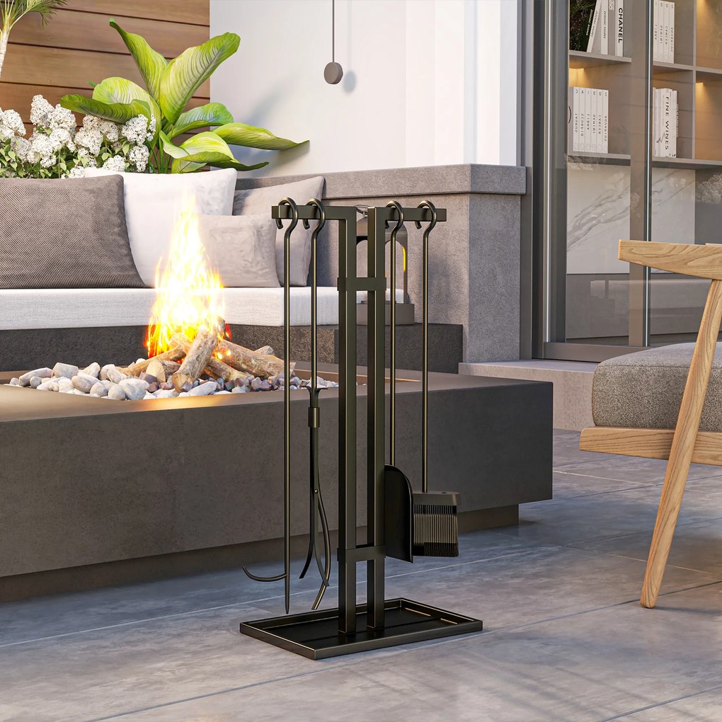 Outsunny Set servitor pentru șemineu 5 piese, unelte pentru șemineu, din metal, mătură, lopată, clește, tisonier și suport, negru | Aosom Romania