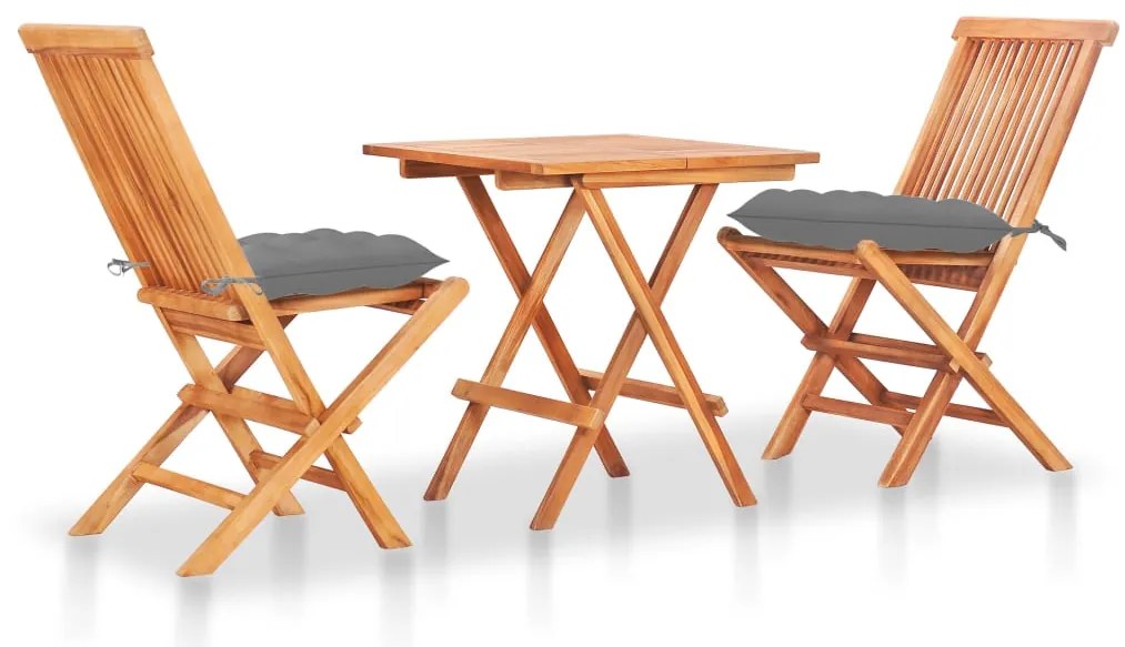 vidaXL Set mobilier de bistro cu perne gri, 3 piese, lemn masiv de tec