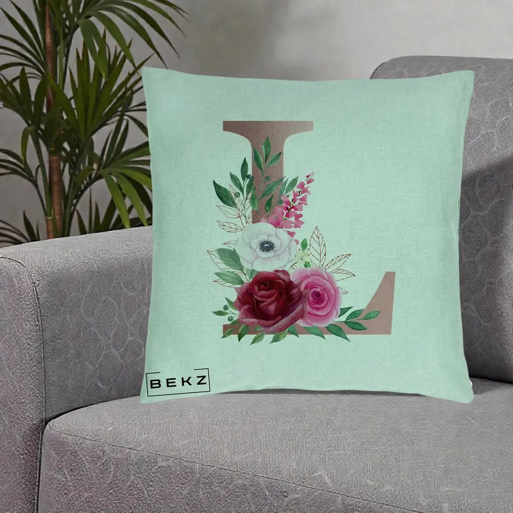 Cadou Personalizat - Perna Personalizata Monograma Rose Gold Litera L, 40x40 cm, Verde Menta, Husa Detasabila, Perna Inclusa, BEKZ®