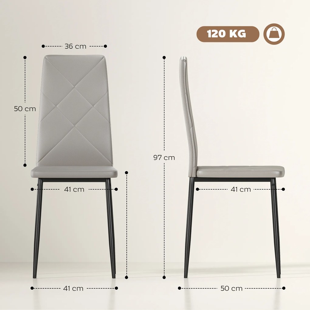 HOMCOM Set de 6 Scaune de Sufragerie, cu Spătar Înalt cu Cusături Tip Romb din Piele Ecologică și Oțel, 41x50x97 cm, Gri | Aosom Romania