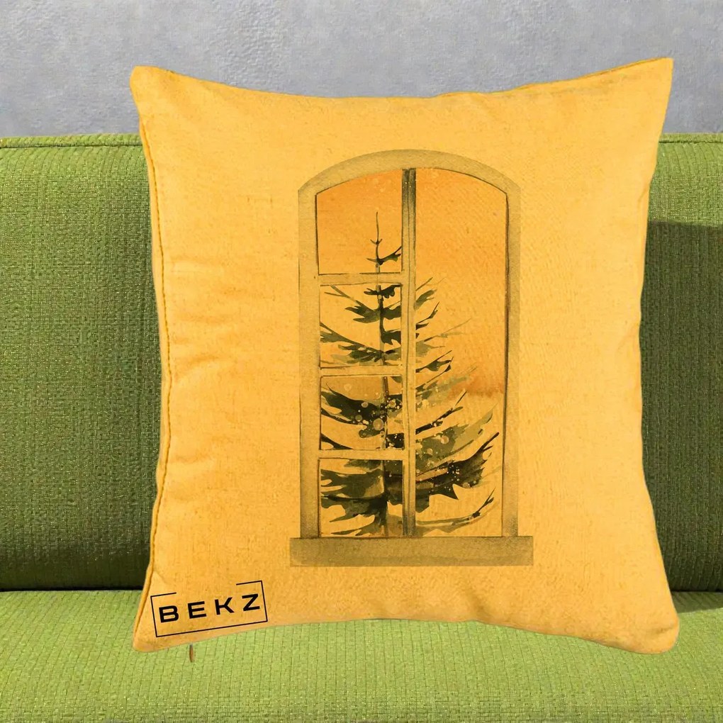 Perna Decorativa Fereastra cu Brad de Iarna, 40x40 cm, Galben, Husa Detasabila, Perna Inclusa, BEKZ®
