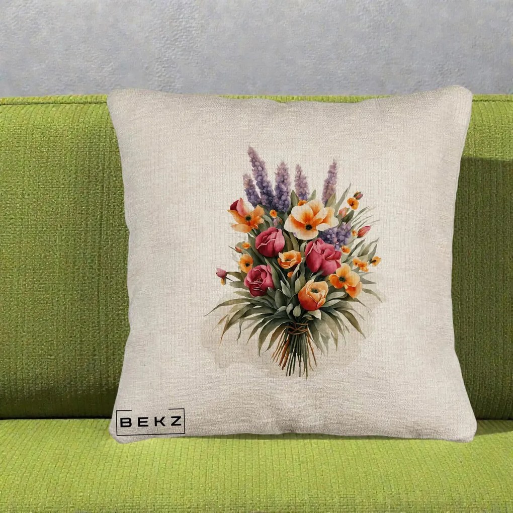 Perna Decorativa Buchet Mixt Acuarela Lavanda-Trandafiri, 40x40 cm, Bej Canapea, Husa Detasabila, Perna Inclusa, BEKZ®