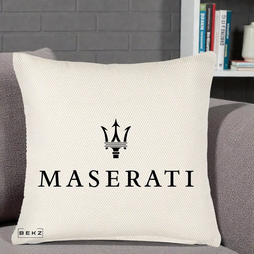 Perna Personalizata cu emblema Maserati, 40x40 cm, Crem Reliefat, Husa Detasabila, Perna Inclusa, BEKZ®