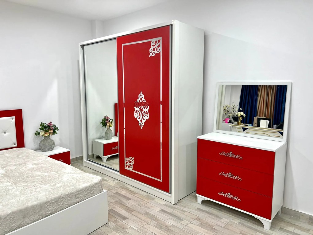 Dormitor Milano, culoare alb / rosu, cu pat tapitat 160 x 200 cm, dulap cu 2 usi, comoda cu oglinda, 2 noptiere