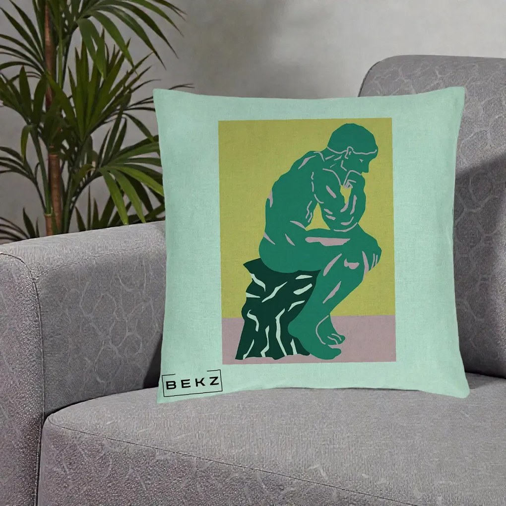 Perna Decorativa Ganditorul Sculptura Pop Art, 40x40 cm, Verde Menta, Husa Detasabila, Perna Inclusa, BEKZ®