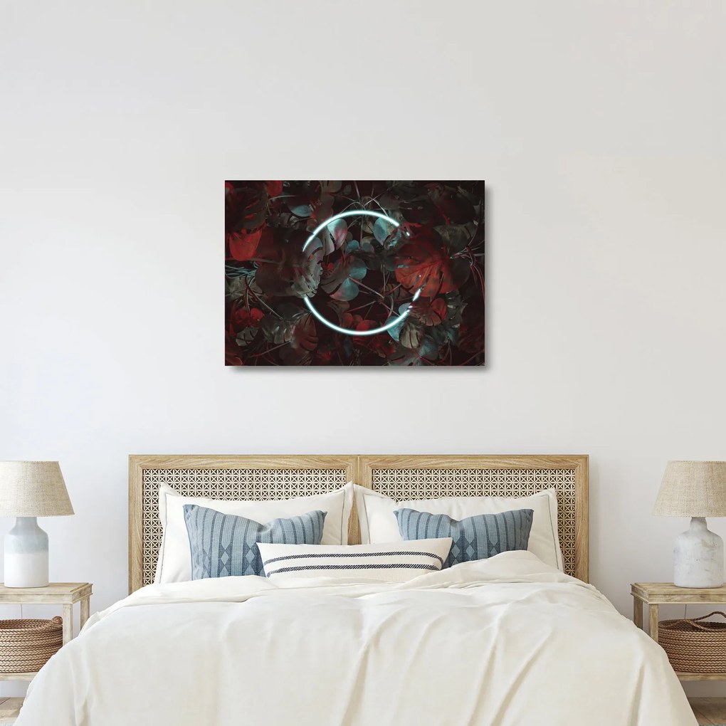 Tablou pe sticlă - Cerc de neon între palmieri (70x50 cm)