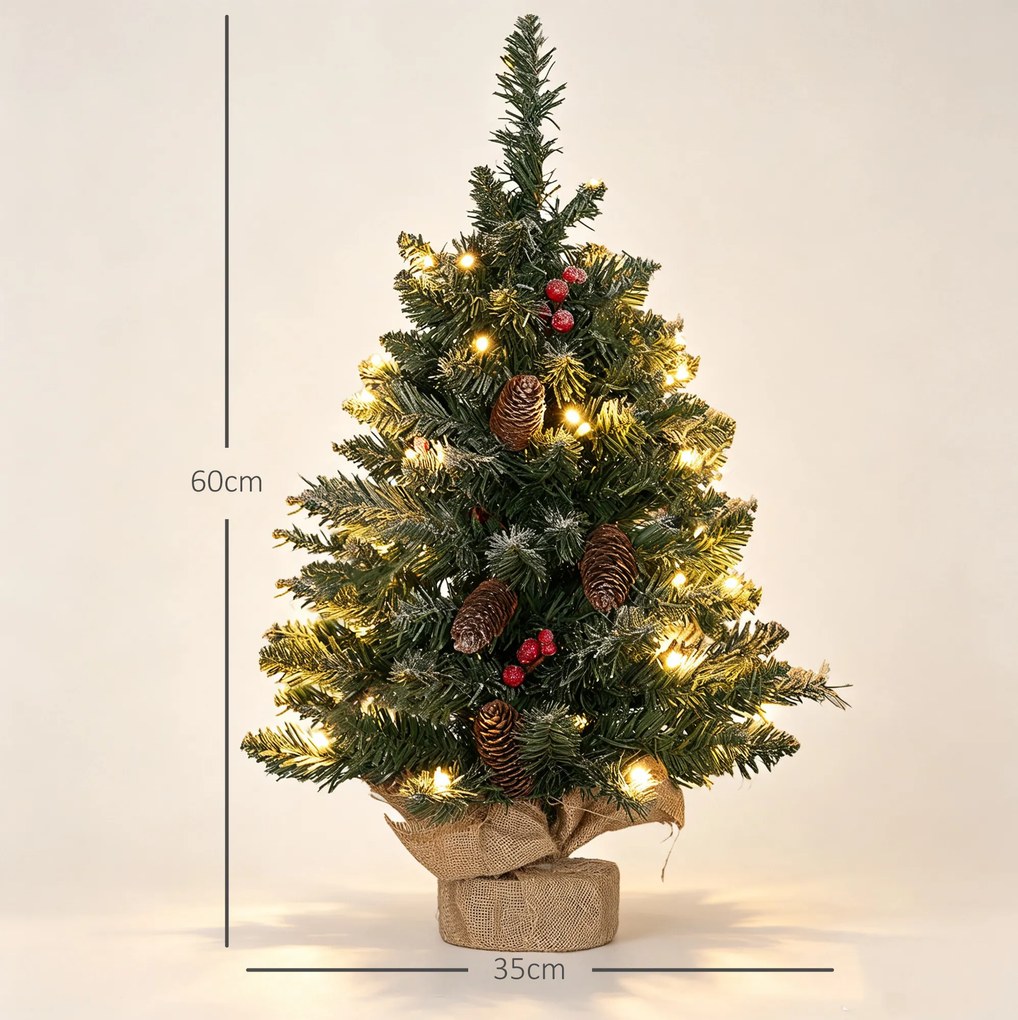 HOMCOM Mini brad de Crăciun 60 cm cu lumini integrate, 86 ramuri, conuri de pin, bobițe roșii, bază din ciment, verde | Aosom Romania