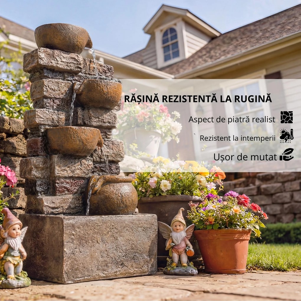 Outsunny Fântână de grădină cu iluminare LED pompă fântână decorativă în cascadă cu 5 niveluri flux reglabil maro rustic | Aosom Romania
