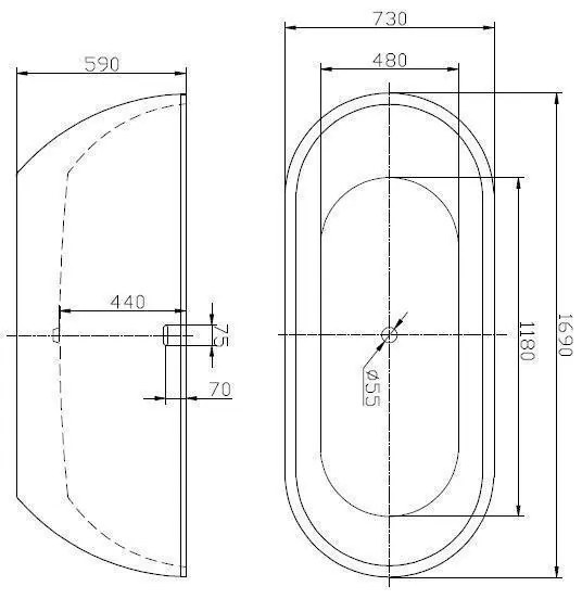 Cadă de baie tip insulă, Florida, Aura, ovală, cu instalație cu ventil click clack, 169 cm