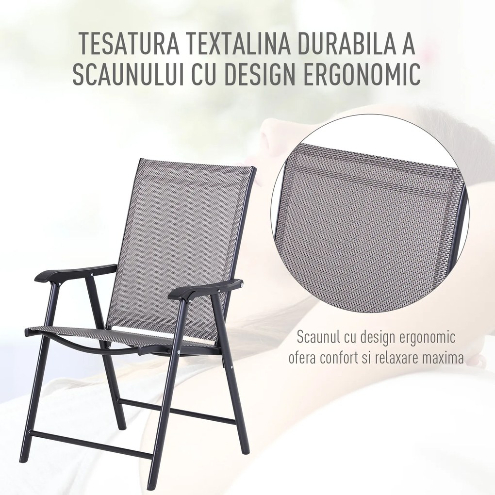 Set de 2 Scaune Pliabile Outsunny pentru Exterior,Otel si Textilen, Gri si Negru  | Aosom Romania